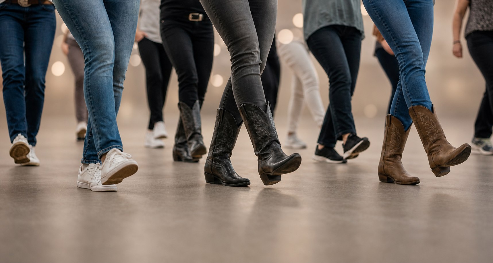 Line-Dance-Gruppe mit Cowboystiefeln und Sneakern